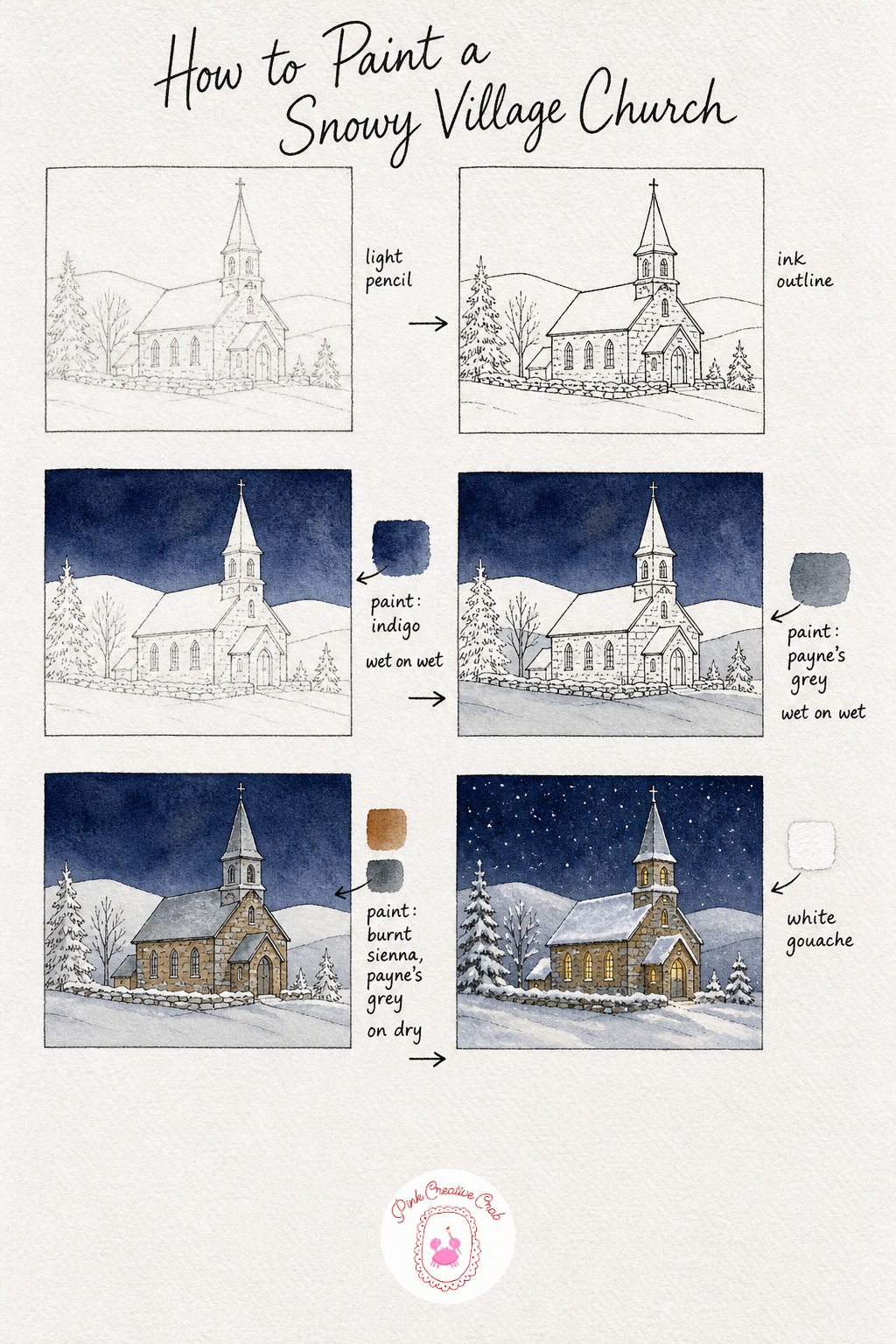 Snowy Village Church — Draw the church simply, a rectangle body, a triangle roof, a tall thin steeple, sitting on gently curved snow hills. Watercolor