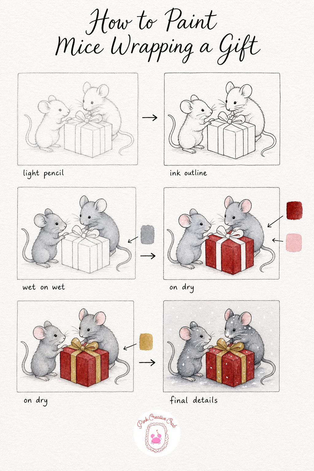 Mice Wrapping A Present — Sketch two round little mice leaning over a box, one holding the ribbon and the other pressing down the lid, with simple oval bodies
