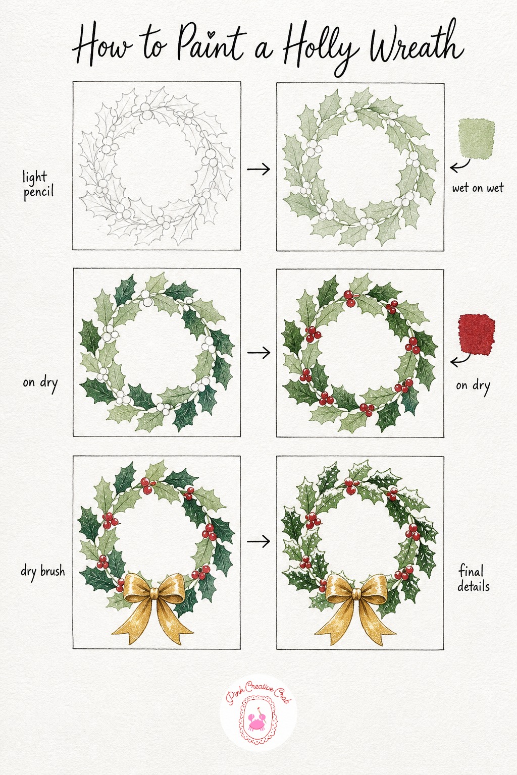 Holly Berry Wreath — Draw a simple circle guide first, then build pointed holly leaves around it in a ring, keeping some leaves overlapping for a fuller look.