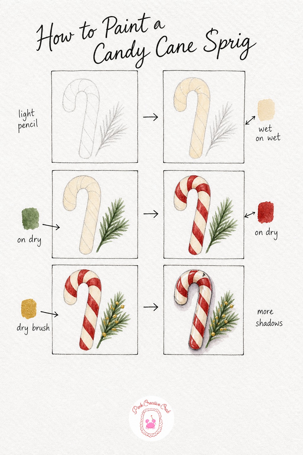 Candy Cane And Pine Sprig — Sketch a simple curved candy cane shape, like a cane or an upside down J, and add a small sprig of pine needles resting against its