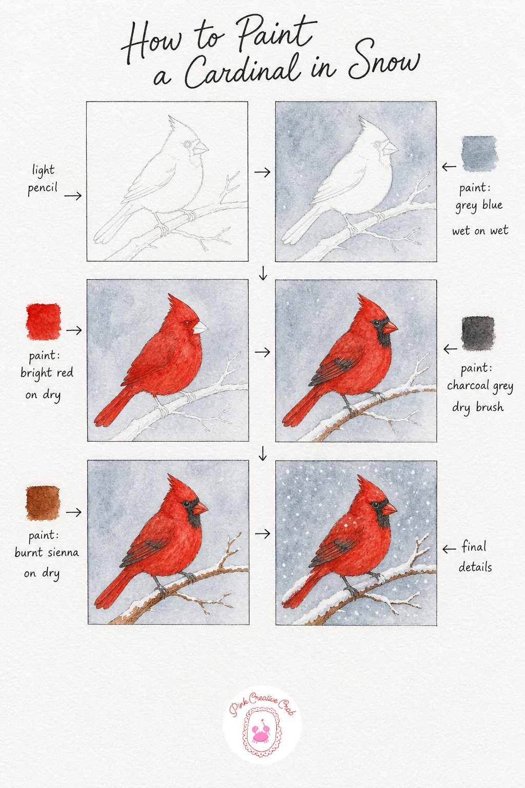Cardinal In Snowfall — Sketch the cardinal as a rounded body with a small pointed crest on the head, perched on a simple bare branch that crosses the card.