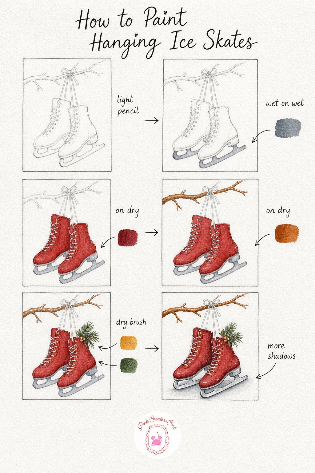 Ice Skates On A Branch — Sketch two simple ice skate boots with curved blades beneath them, crossed laces at the top tied over a thin branch. Watercolor