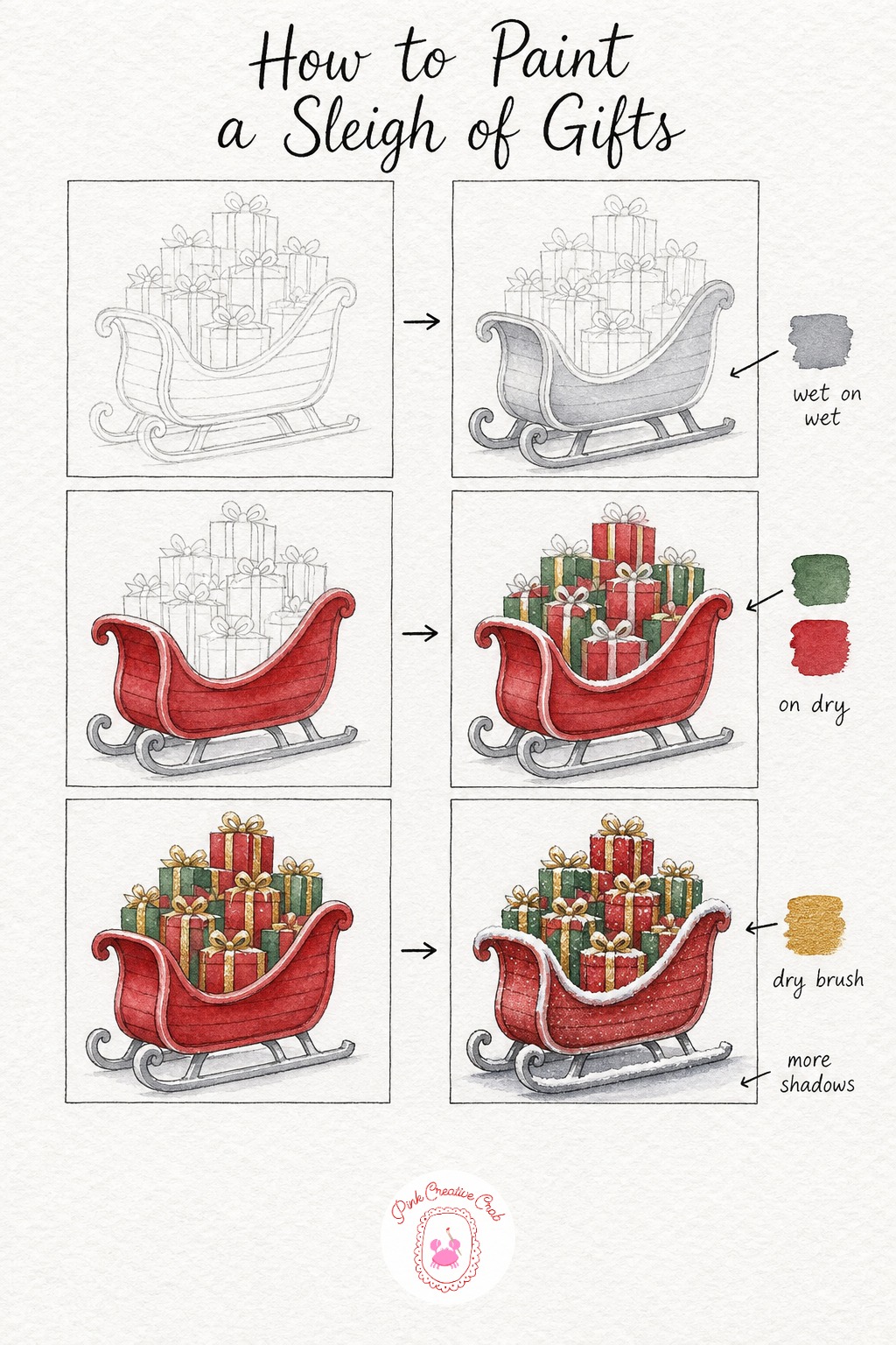 Sleigh Full Of Gifts — Sketch the sleigh as a curved base with tall decorative runners, then pile a cluster of simple rectangular and square gift boxes into