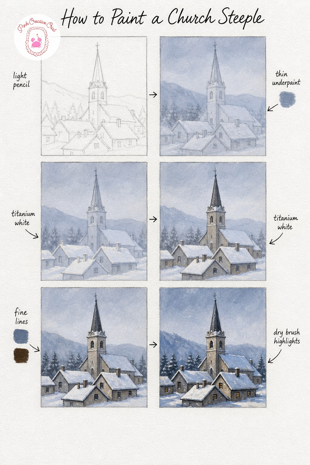Church Steeple Above Snowy Roofs — Start this one the way every scene here begins, with a light pencil sketch that just marks where the steeple sits against
