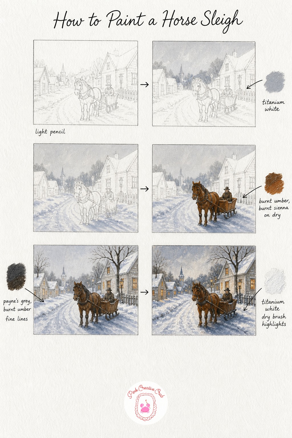Horse Sleigh On A Village Lane — Sketch the horse and sleigh small and a little loose, since this scene reads best when the figures stay simple against a quiet