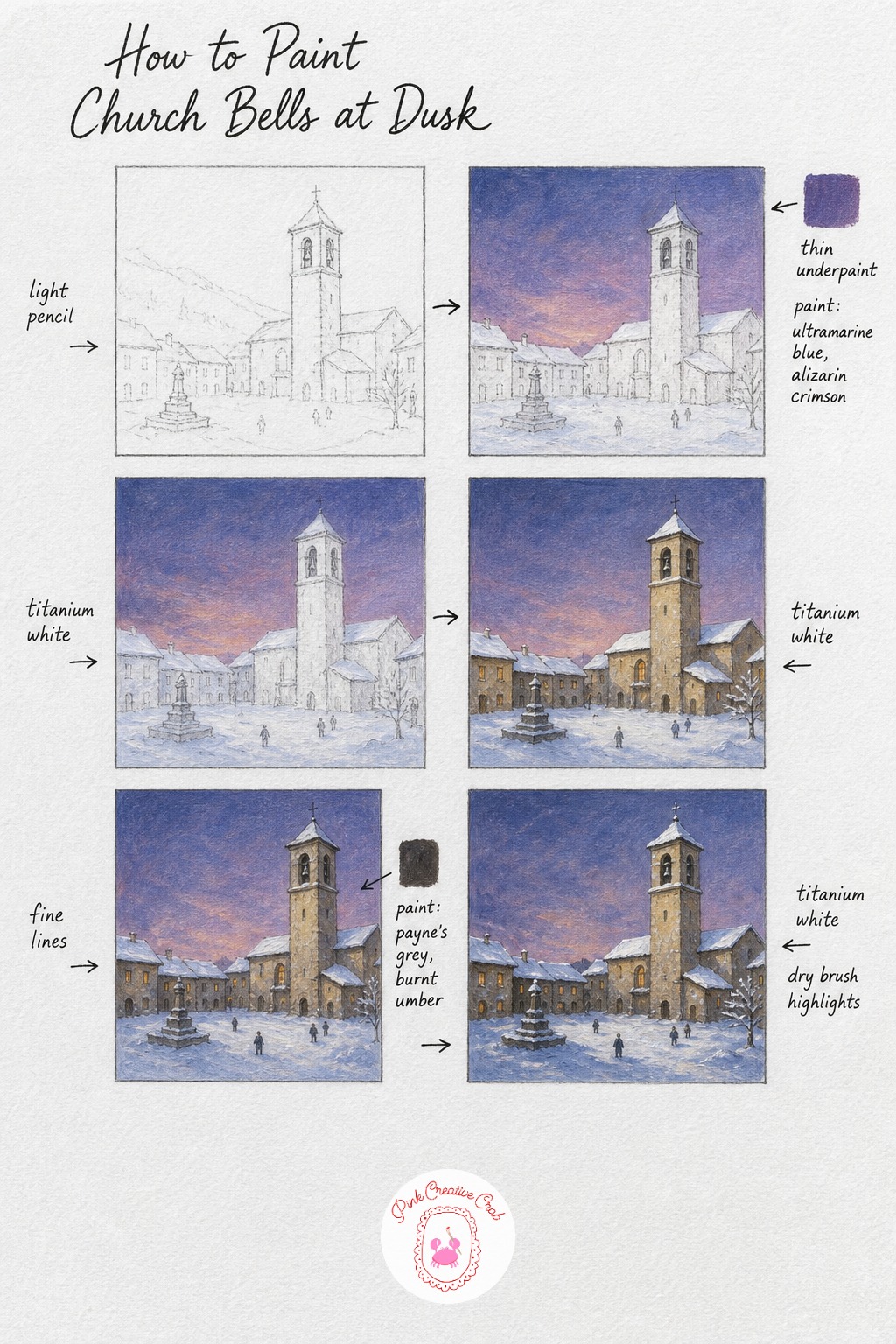 Village Church Bells At Dusk — Sketch the bell tower standing tall over the square, keeping its proportions a little taller and narrower than your eye expects