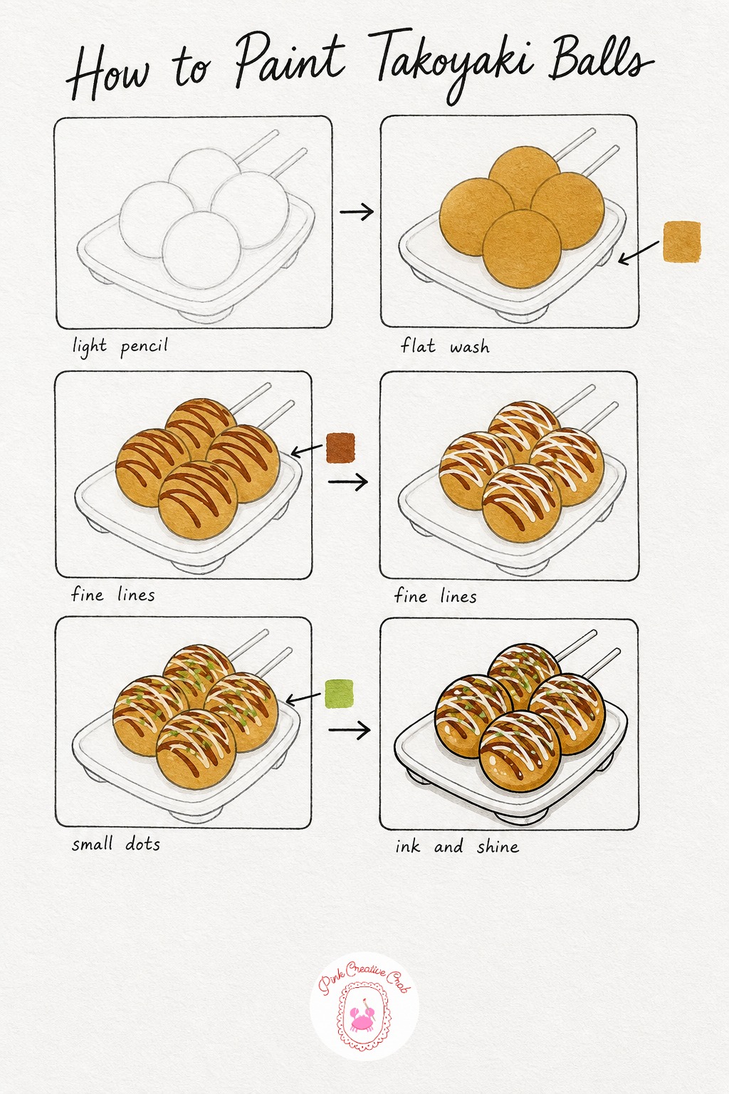 Takoyaki Skewer Plate — Draw four round balls grouped loosely together on a small plate, keeping their sizes slightly different so the group feels casual and