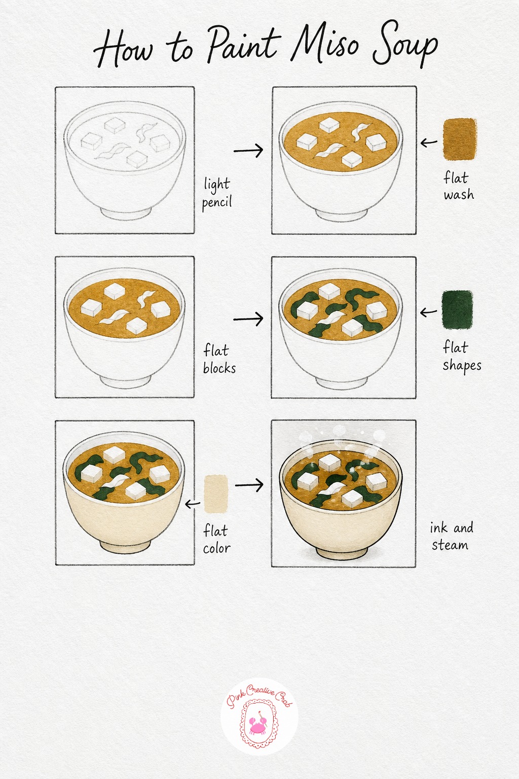 Miso Soup Bowl — Sketch a small, slightly wide bowl shape and fill the inside loosely with a few square tofu shapes and some curling seaweed lines floating in