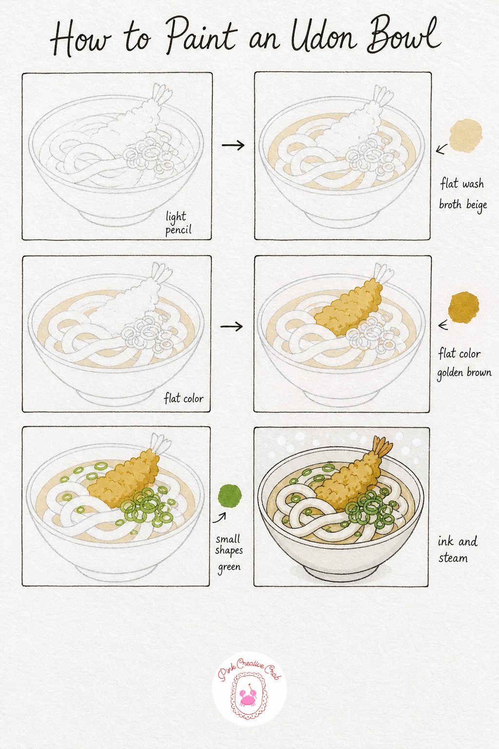 Udon Noodle Bowl — Sketch a wide, shallow bowl and fill it with a few thick curving noodle shapes, much fatter and fewer than ramen noodles, plus a small