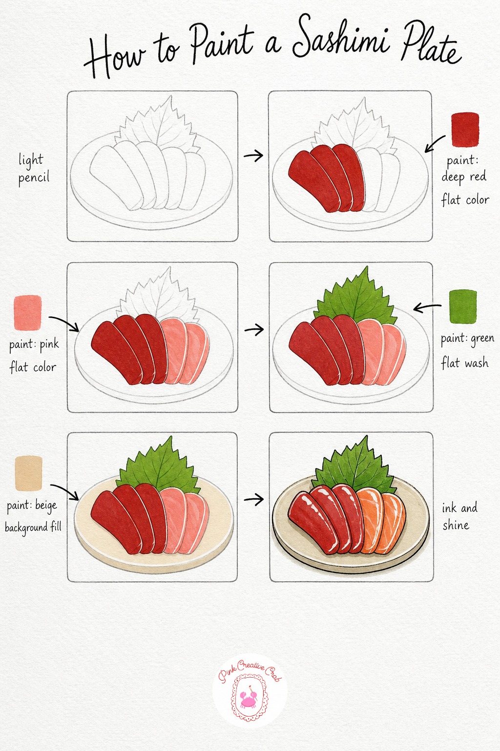 Sashimi Plate — Draw five simple rectangular slices fanned slightly in a row, each one a bit uneven in width, resting on a small shiso leaf shape with a jagged