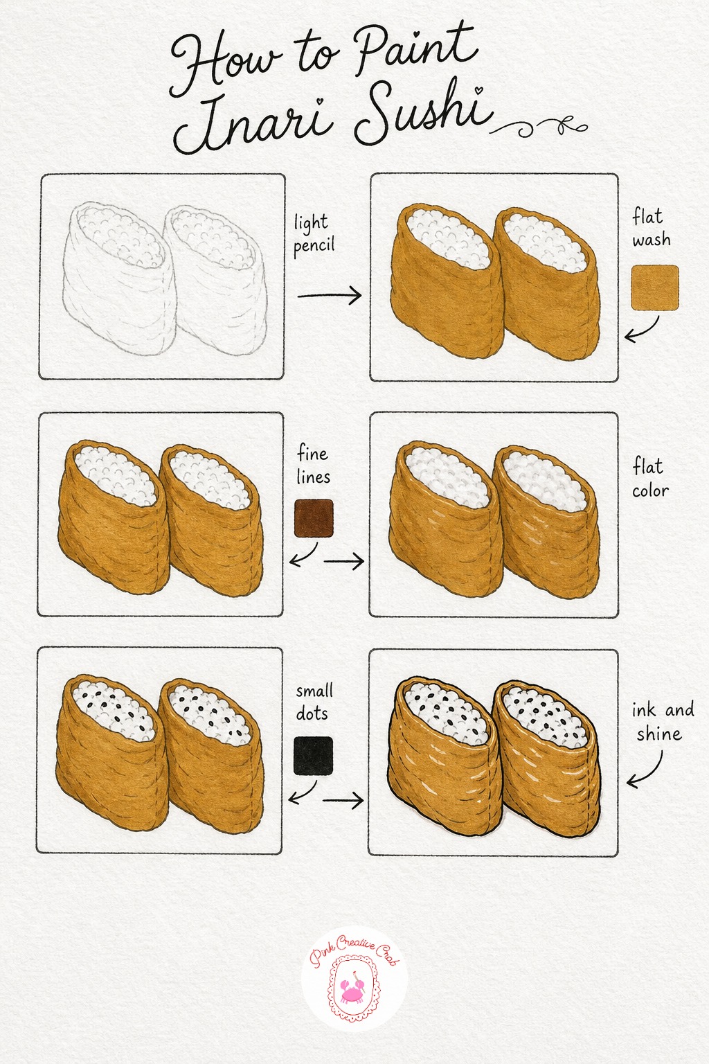 Inari Sushi Pair — Sketch two soft pouch shapes side by side, each with a gathered, slightly wrinkled opening at the top where rice peeks through. Japanese