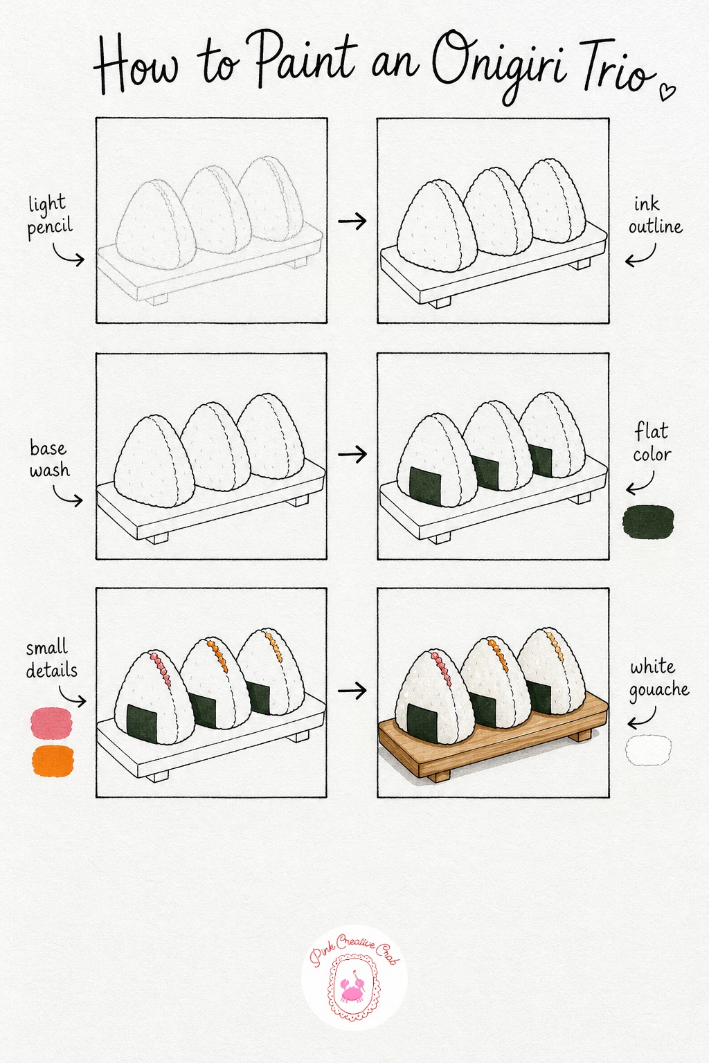 Onigiri Trio Scene — Arrange three onigiri shapes together on a small board, varying their forms a little, maybe one triangle, one round and one slightly oval