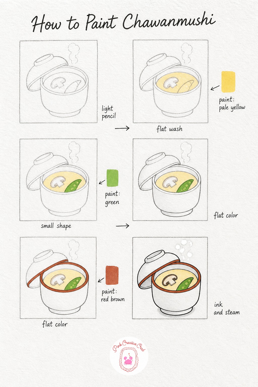 Chawanmushi Cup — Draw a small rounded cup, the kind with a lid resting half open or set aside, revealing a smooth custard surface with one small ingredient