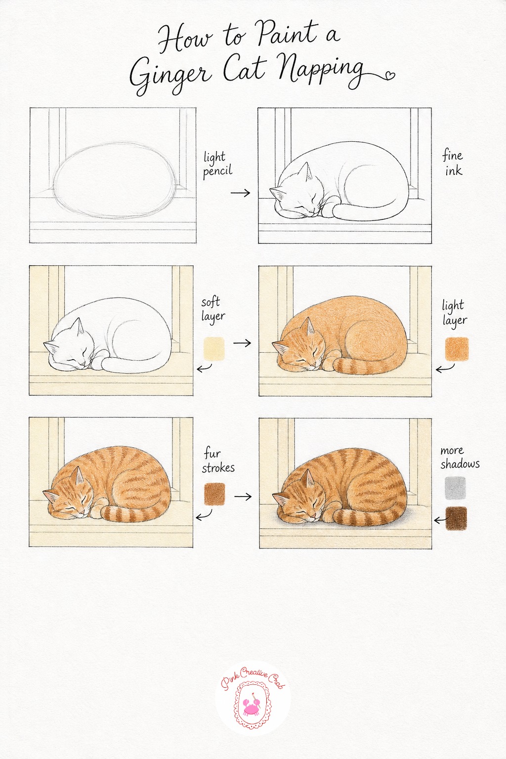 Ginger Cat On A Windowsill — Start this one with light pencil, just a soft curled oval for the sleeping body and a simple flat shape beneath for the