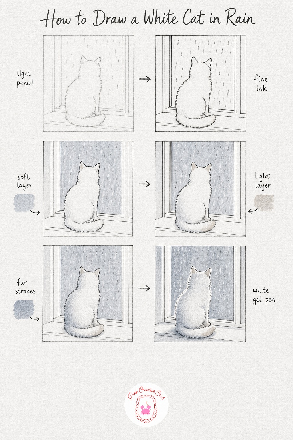 White Cat Watching Rain — Sketch a cat sitting upright facing a tall window, keeping the body mostly a soft triangle shape with a rounded head on top. How to