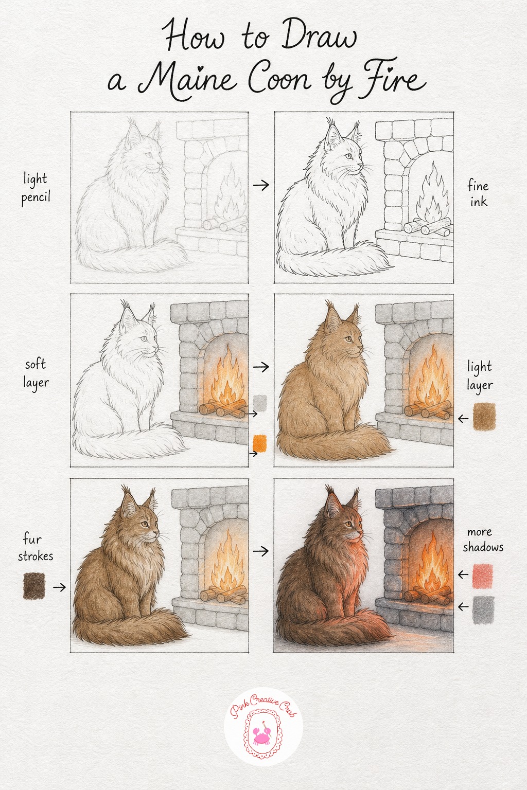 Maine Coon By The Fireplace — Maine Coons are big, fluffy cats, so sketch a generous rounded body with tufted ear tips and a long plume of a tail curled around