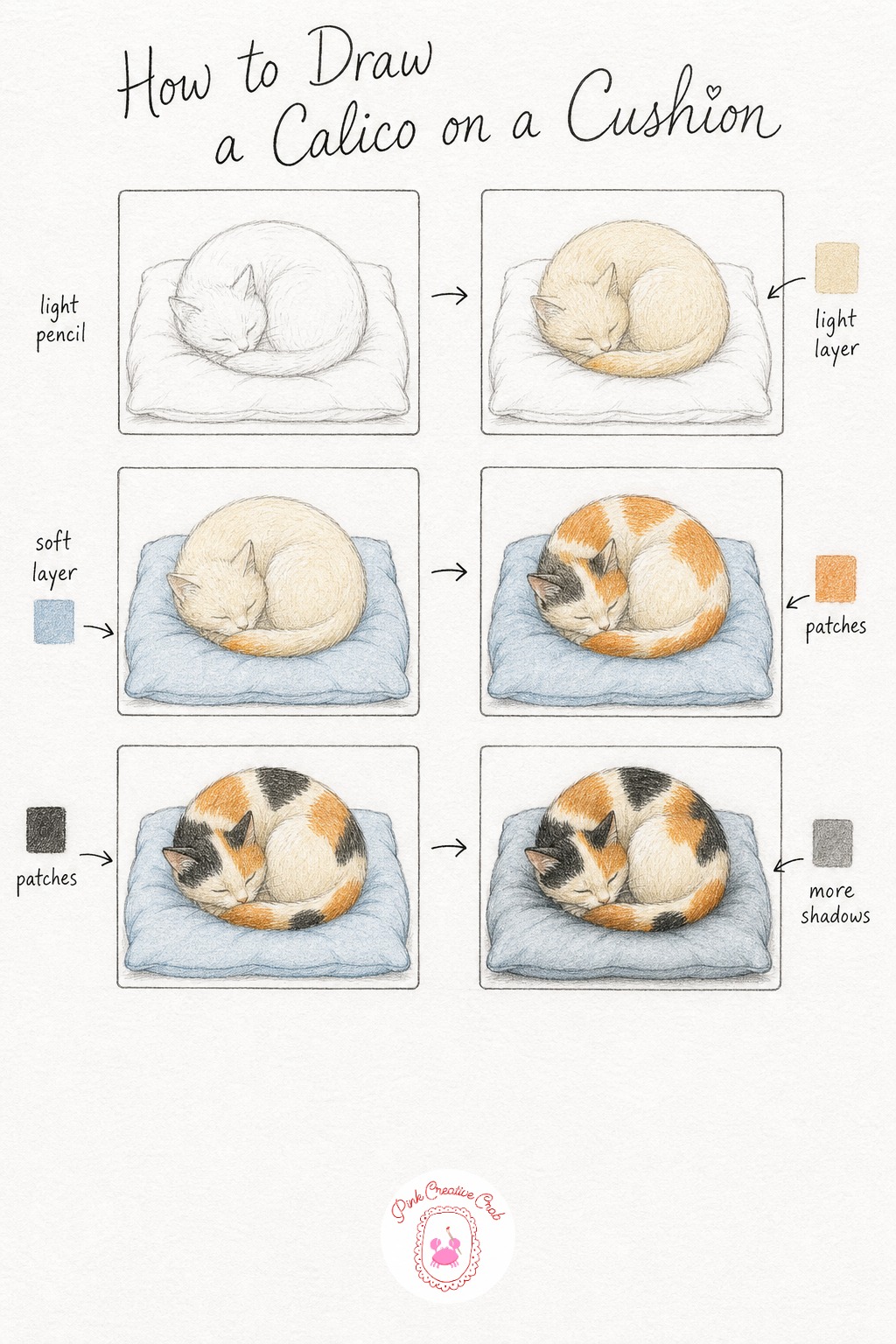 Calico Curled On A Cushion — Sketch a simple curled ball shape for the body resting on a square cushion, with the cushion dipping slightly where the cat's