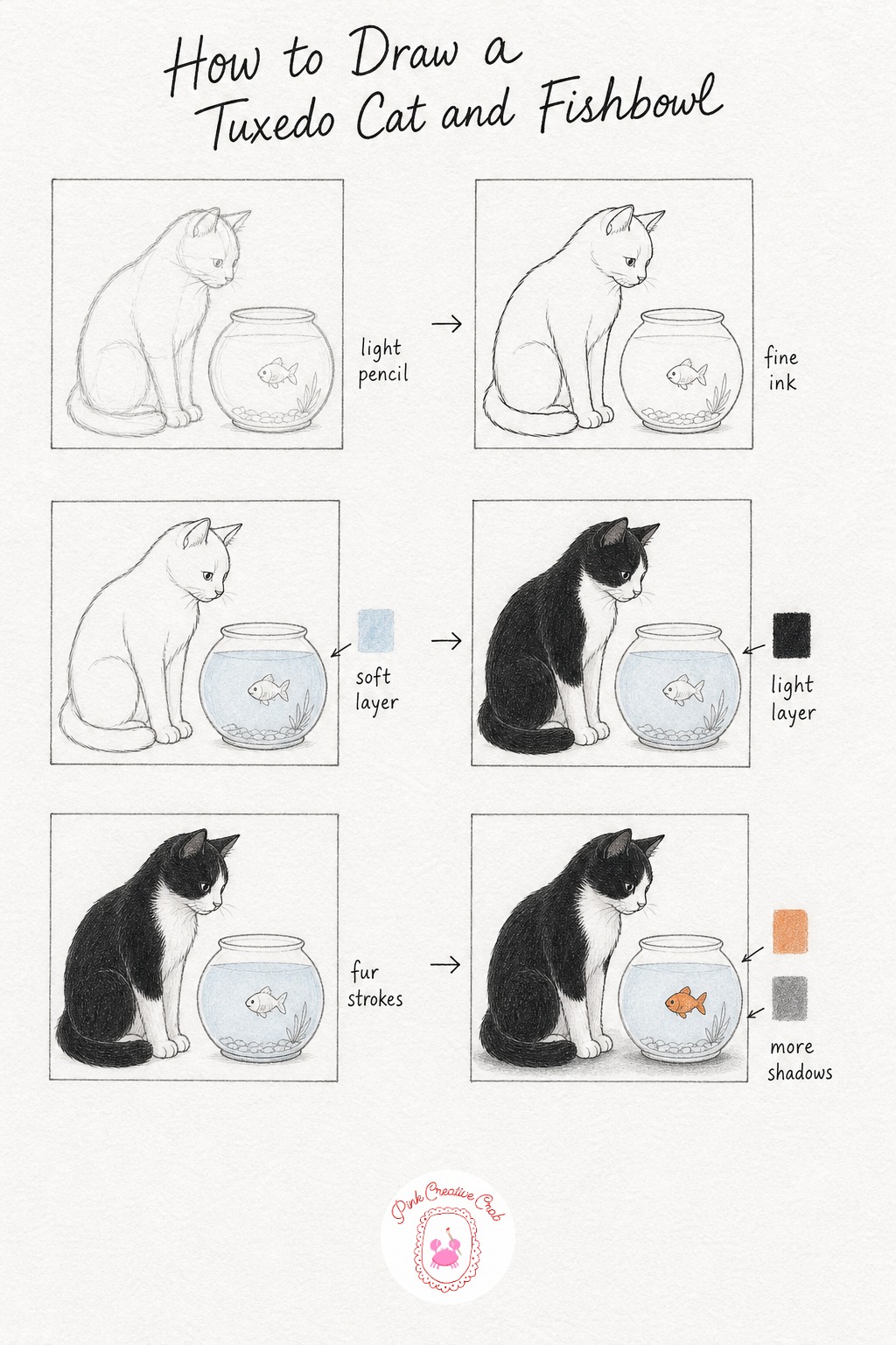 Tuxedo Cat Watching A Fish Bowl — Sketch a cat sitting upright in profile, nose pointed toward a simple round fishbowl shape with a tiny fish inside. How to