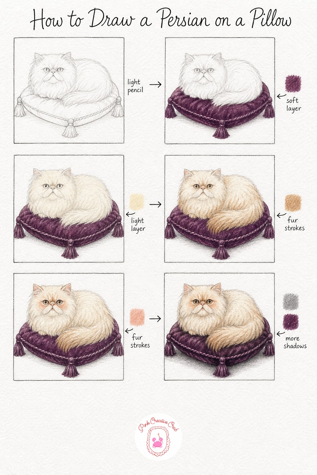 Persian Cat On A Velvet Pillow — Persians have that signature flat, round face, so sketch the head as a wide circle with small ears and a short muzzle, then