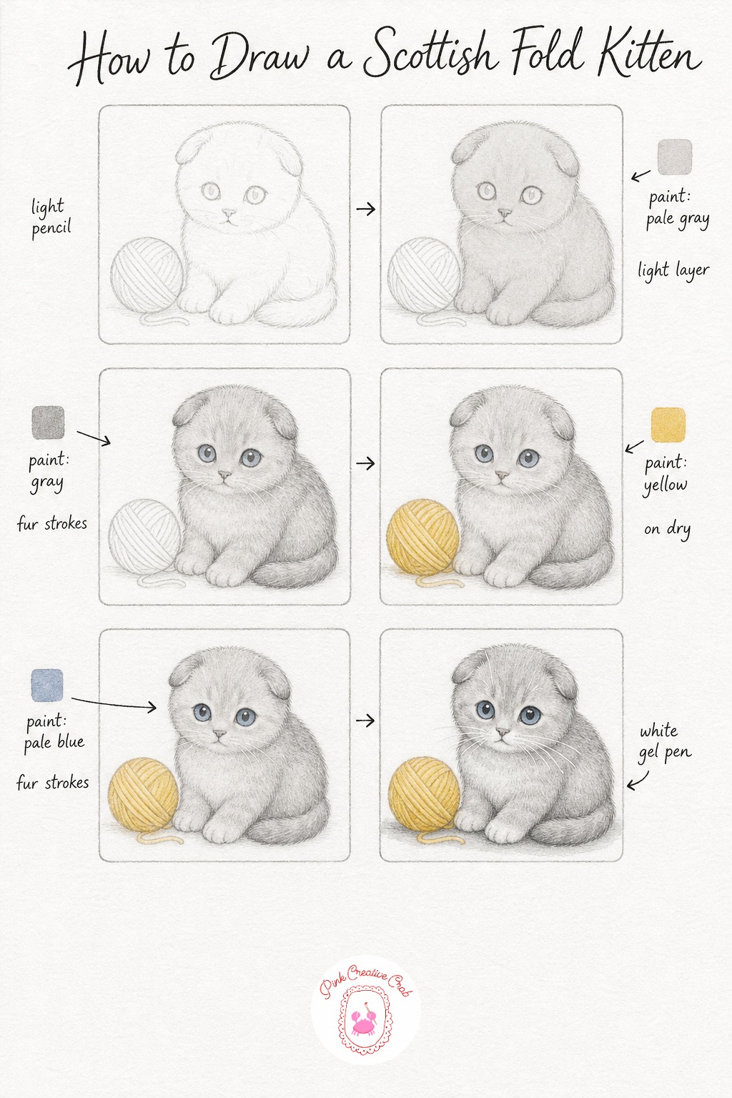 Scottish Fold Kitten With A Ball — The whole character of a Scottish Fold lives in those small folded ears, so sketch them close to the head and slightly