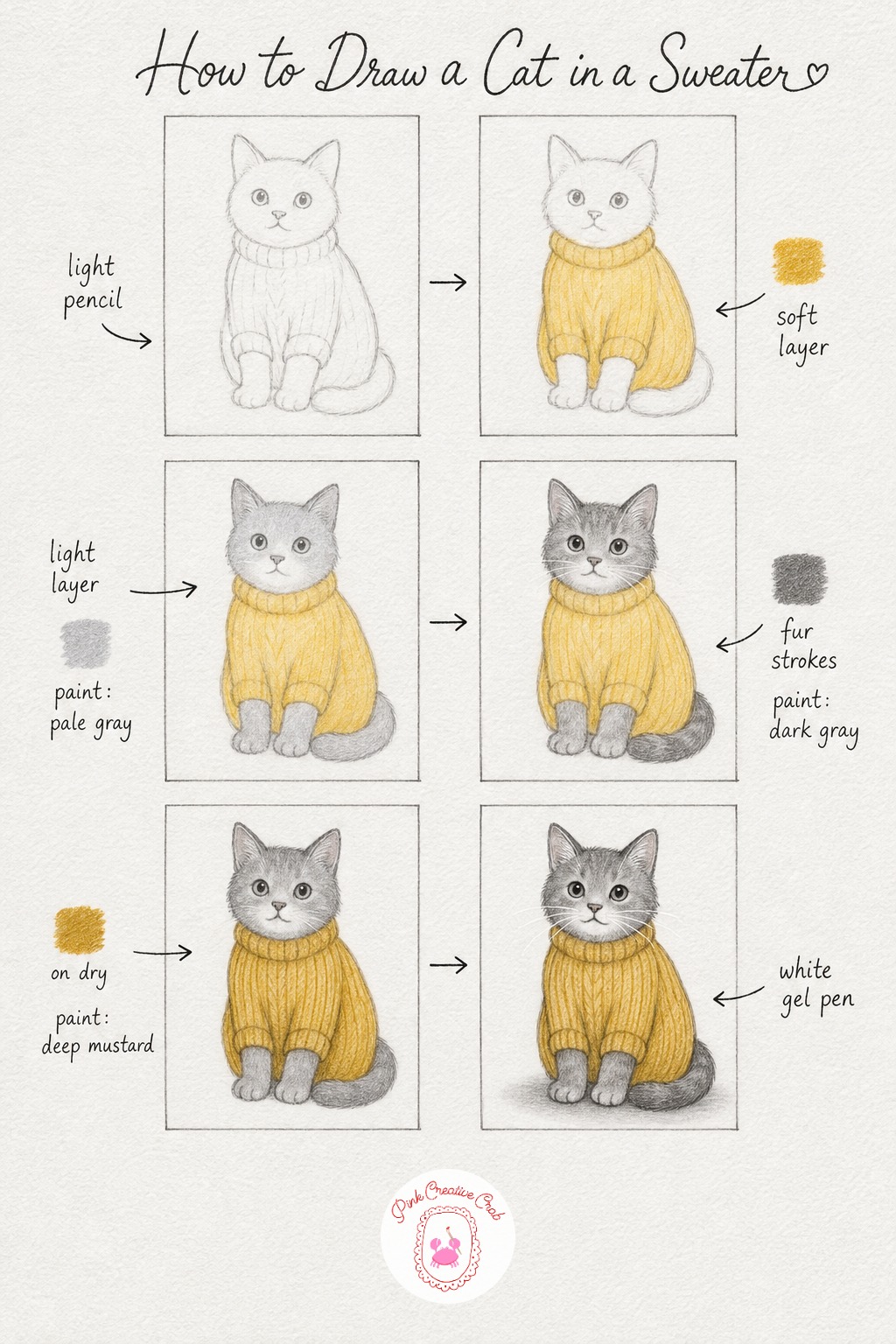 Gray Cat In A Knitted Sweater — Sketch a cat sitting upright with a simple sweater shape wrapped around its middle, leaving the head, paws and tail free of