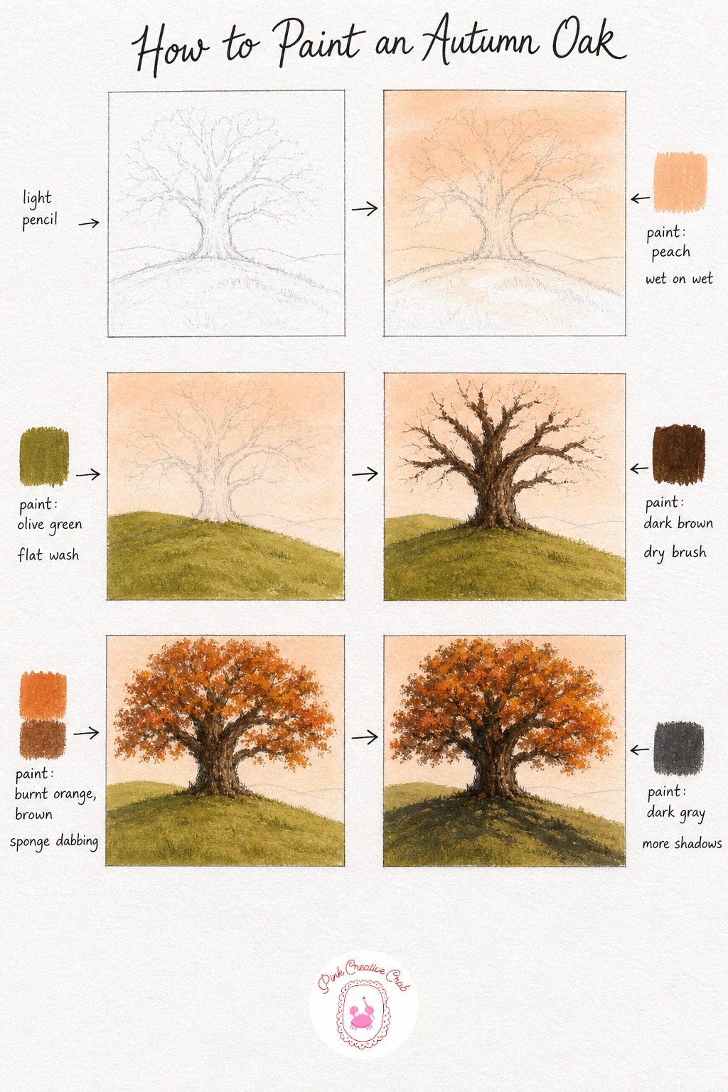 Autumn Oak on a Hilltop — Sketch an oak with a noticeably thick trunk and heavy, wide spreading branches, since oaks read as sturdy and old compared to most