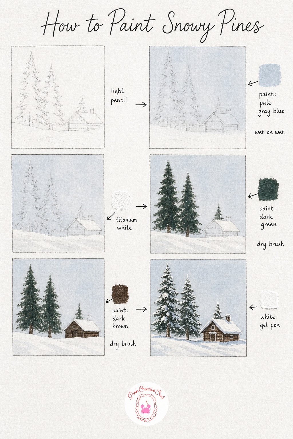 Snowy Pines by a Cabin — Sketch two or three pine silhouettes of different heights, keeping the branches as simple layered triangles, then add a small cabin