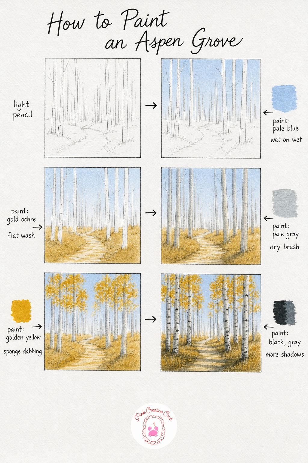 Autumn Aspen Grove — Sketch several slim, tall trunks at slightly different heights, with a simple curving path leading back between them. How to paint trees