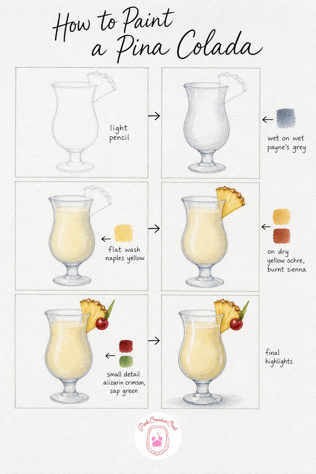 Pina Colada With Pineapple — Sketch a curvy hurricane glass, wider at the top and bottom with a pinched waist in the middle, plus a pineapple wedge balanced on