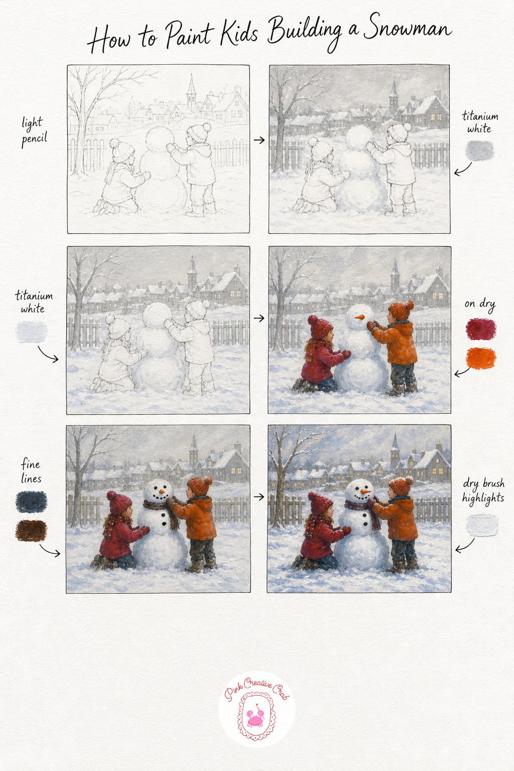 Children Building A Snowman — Sketch the children and the half built snowman small and loose, keeping their poses simple, arms reaching, one rolling a