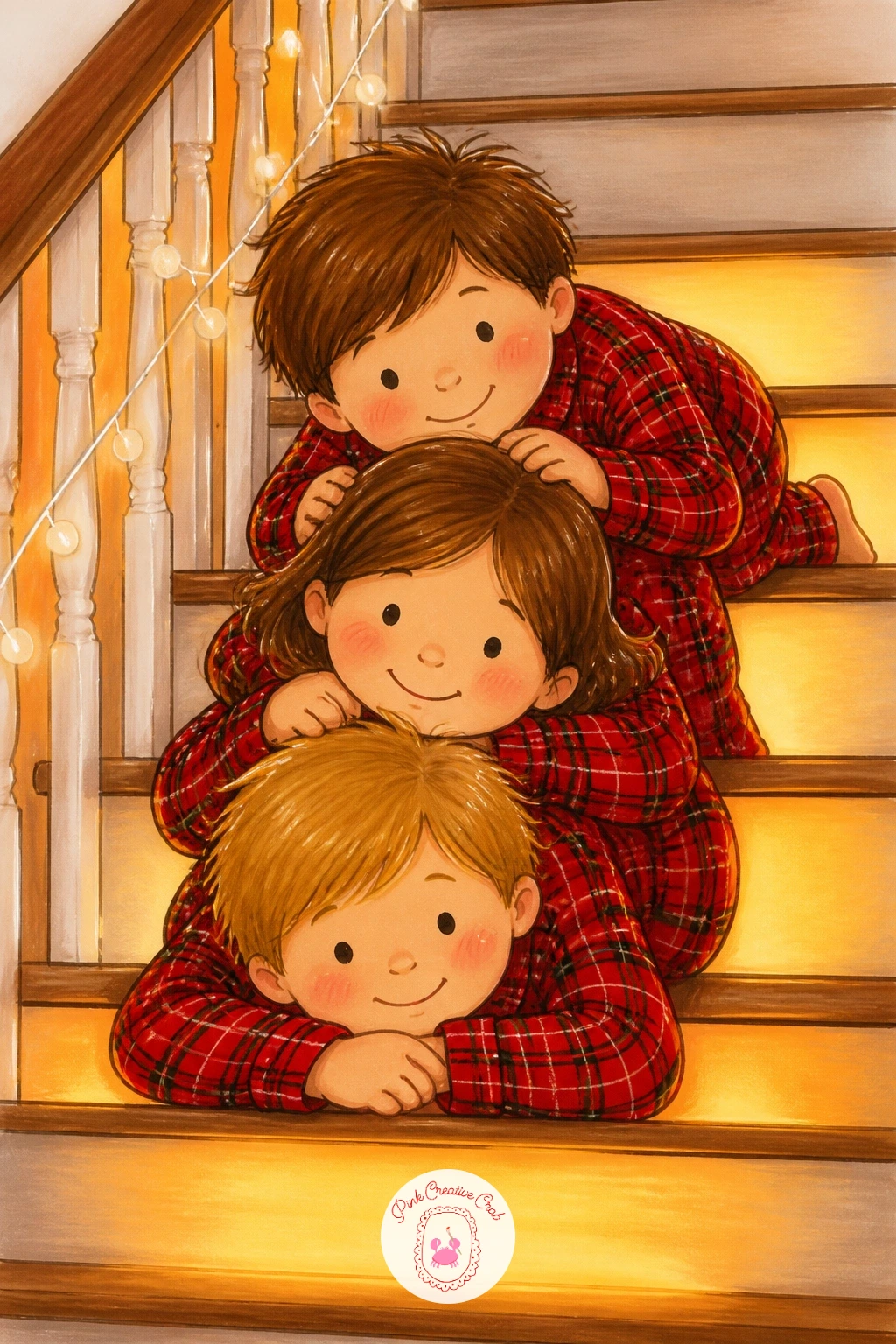Matching Pajama Pile On The Stairs — Once you have one child down, try the whole sibling group at once, piled on the stairs in matching pajama sets waiting for