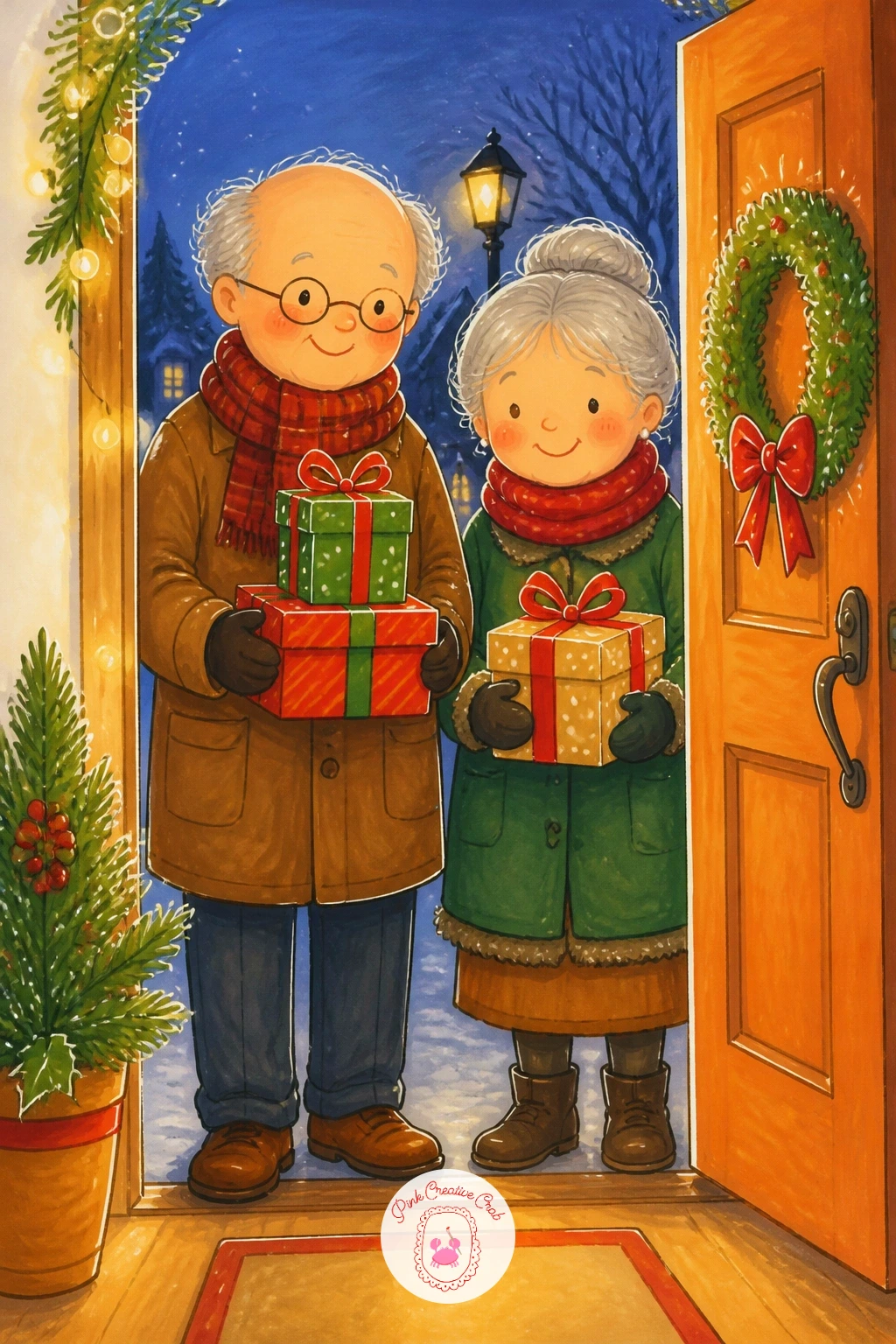 Grandparents Arriving At The Door — Step outside the house now for the moment grandparents arrive, arms full of presents, caught just as the door swings open.