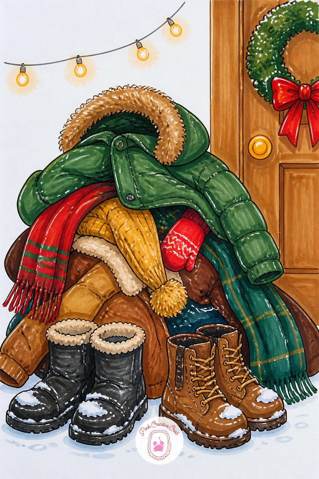 Coats And Boots Piled By The Entry — After the arrival scene, try the quieter aftermath: a pile of coats, scarves and snowy boots dropped by the entryway once
