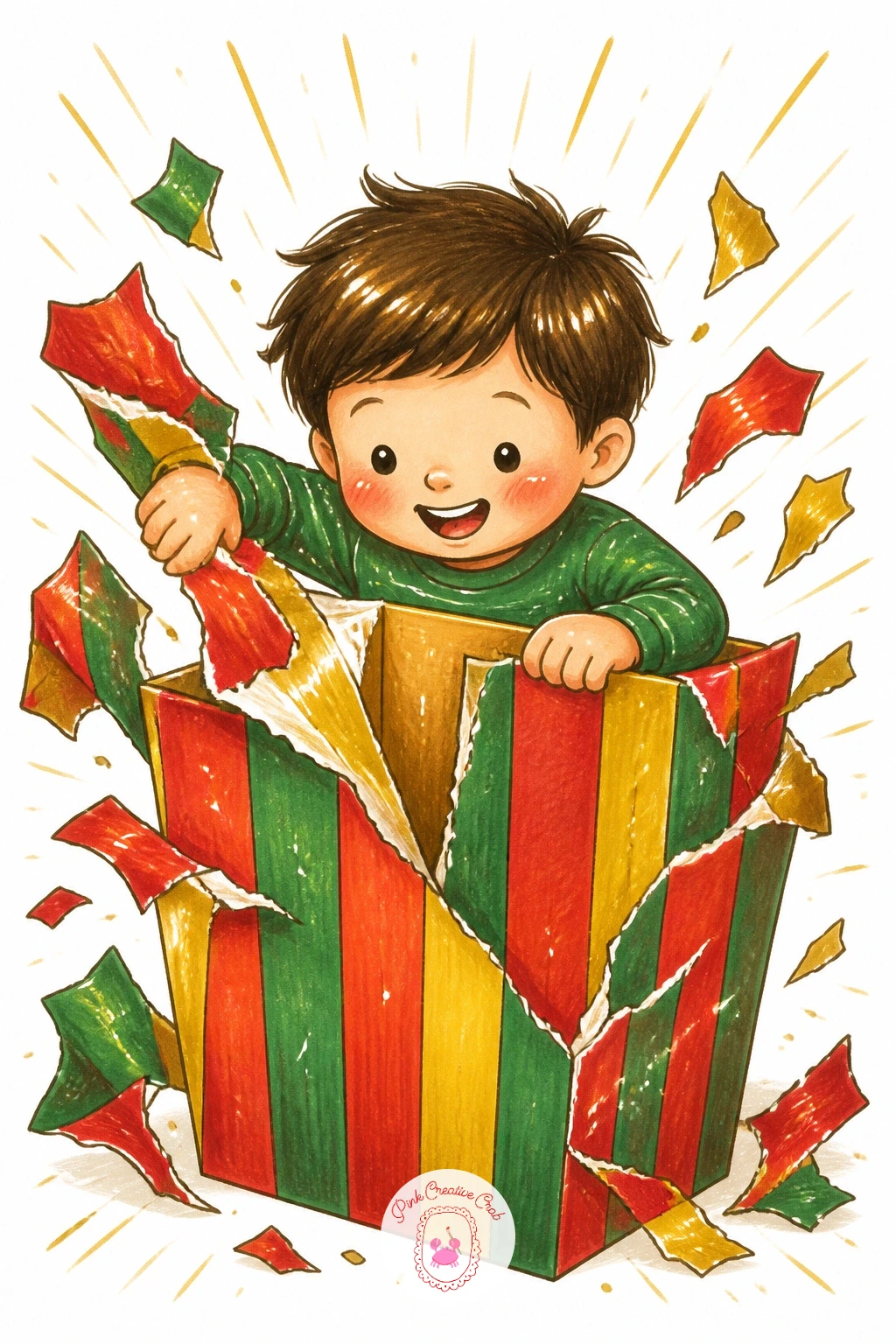 Tearing Into The Biggest Box — Back inside, give one child the biggest box under the tree, caught mid-tear with paper flying. Christmas day drawing