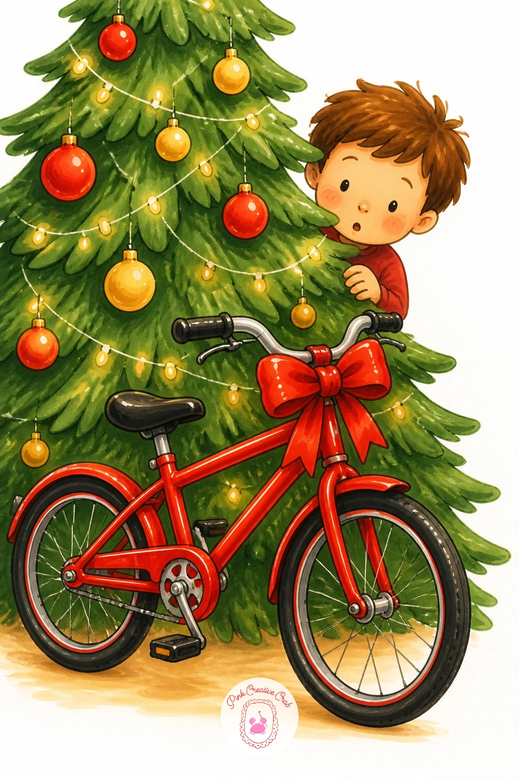 New Bike Beside The Tree — Keep the gift energy going with one specific present revealed: a new bike leaning beside the tree, ribbon still looped around the