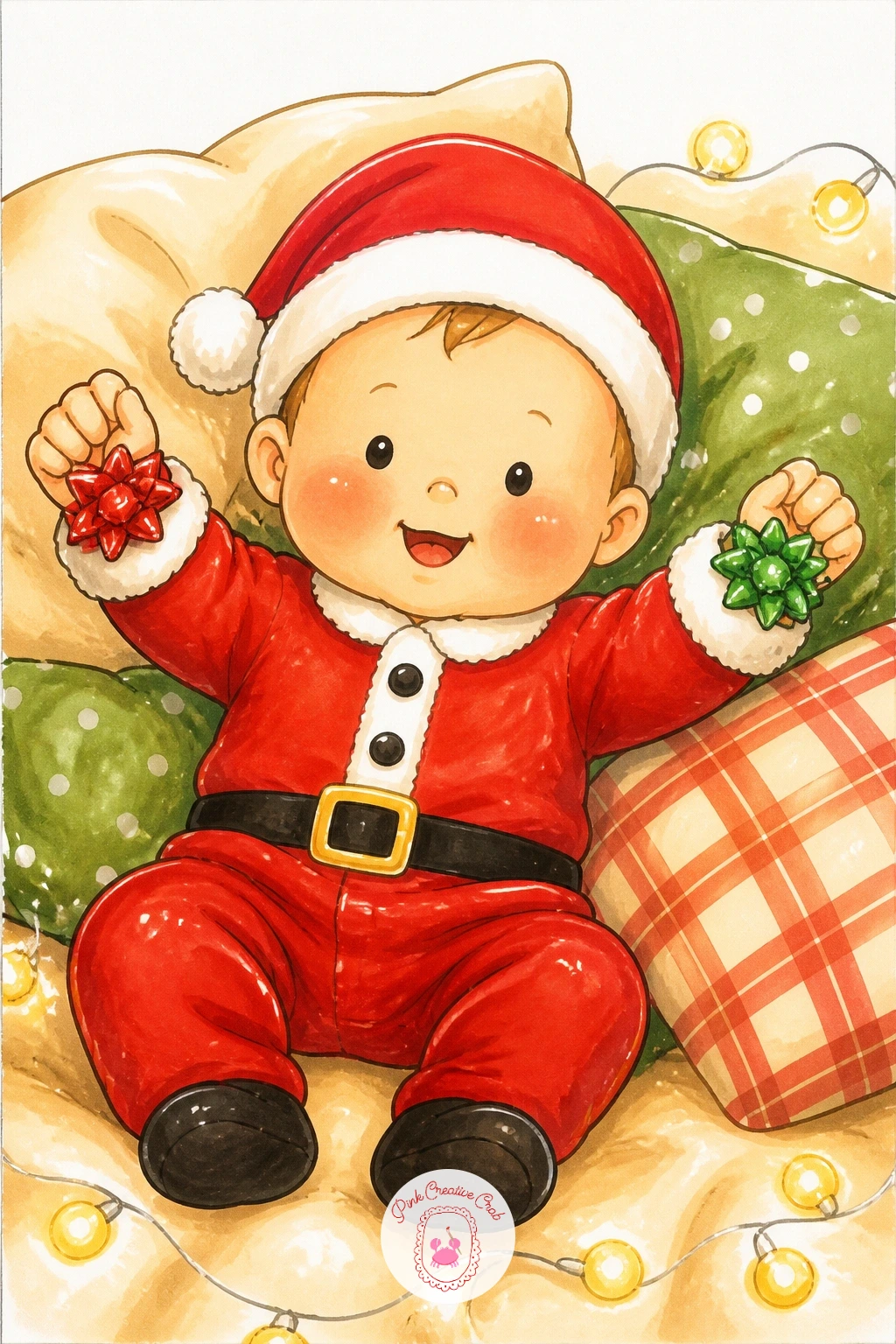 Baby's First Christmas In Santa Pajamas — Slow the pace down with a quieter subject: a baby in a small santa-print onesie, propped up against a mountain of