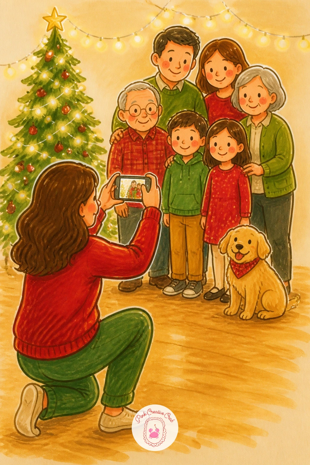 Mom Taking The Family Photo — Turn the camera around and draw the person usually missing from every photo: mom crouched behind a phone, trying to wrangle