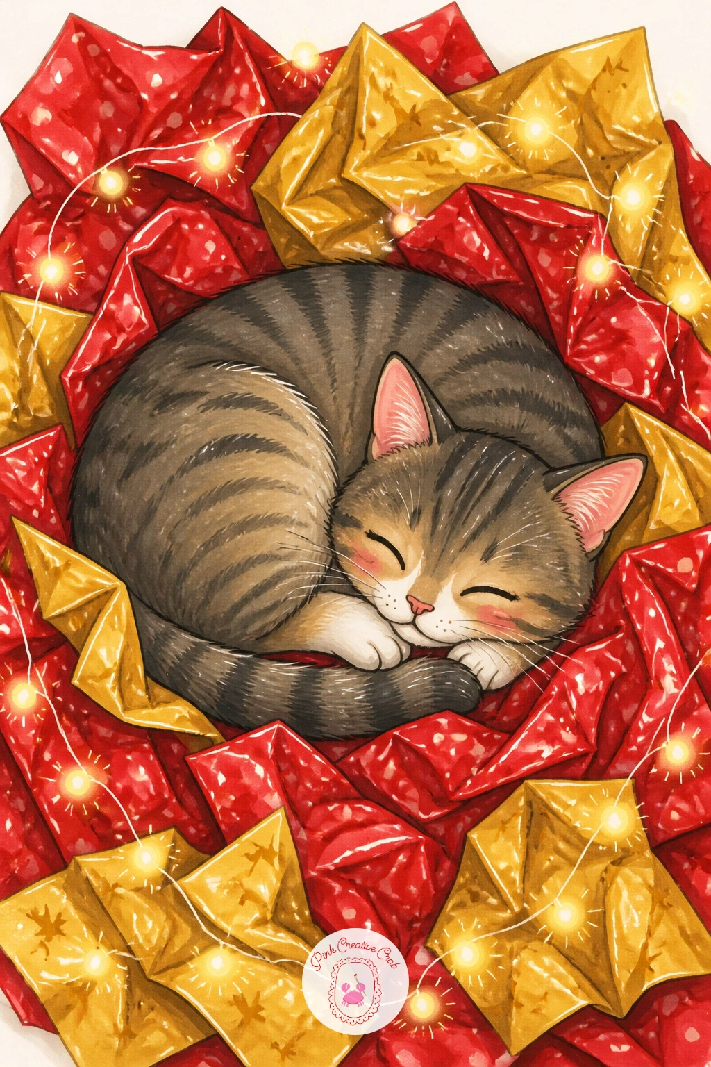 Cat Curled In The Gift Wrap Nest — Bring the cat into the chaos too, curled up asleep in a nest of crumpled gift wrap rather than any proper bed. Christmas day