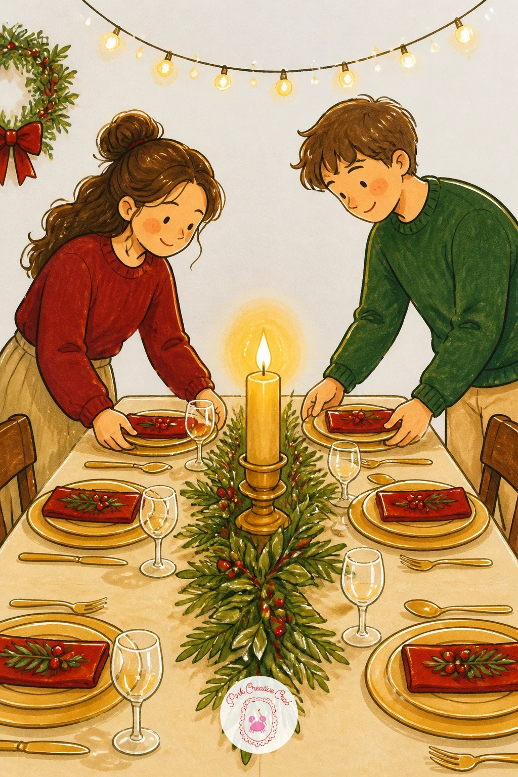 Setting The Table Together — Move toward the dinner table now with two people setting it side by side, a nice change of pace from the gift-opening energy so