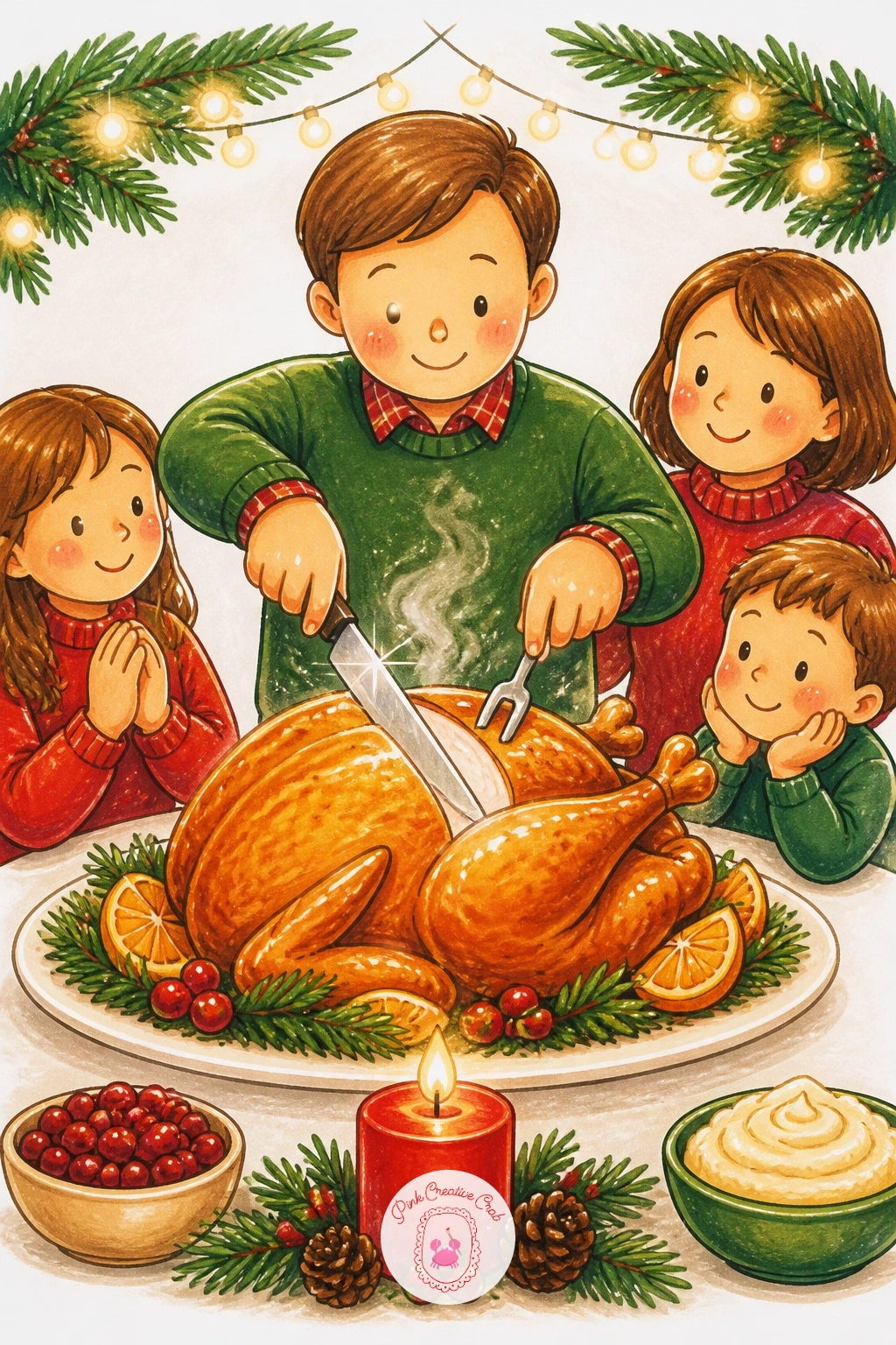 Carving The Turkey At The Head Of The Table — Keep building the dinner scene with its centerpiece: the turkey being carved at the head of the table while
