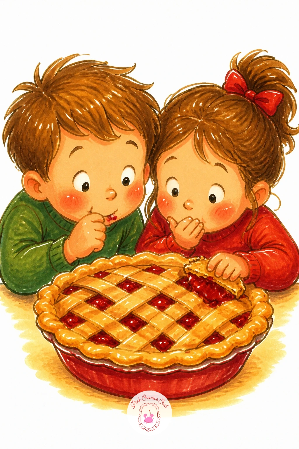 Kids Sneaking Dessert Early — Add some mischief to the dinner table with two kids caught sneaking a bite of pie before anyone says it is time. Christmas day