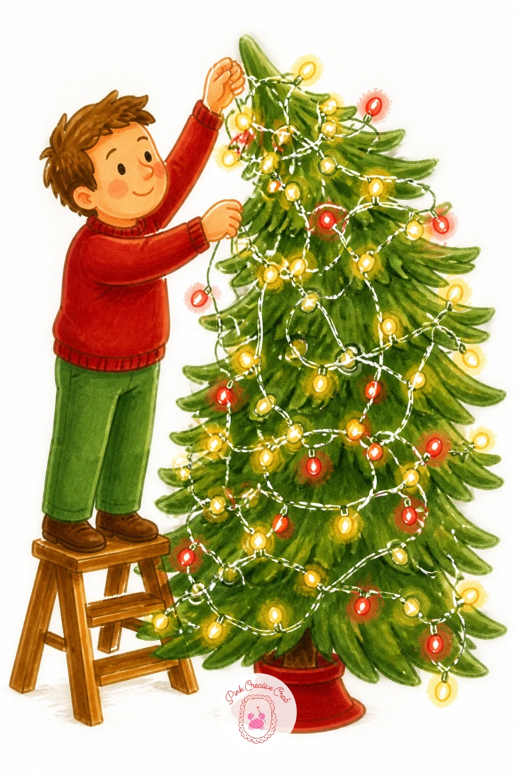 Dad Wrestling The Christmas Tree Lights — Bring some comic tension back in with dad tangled in a string of lights, halfway up a step stool, trying to even out