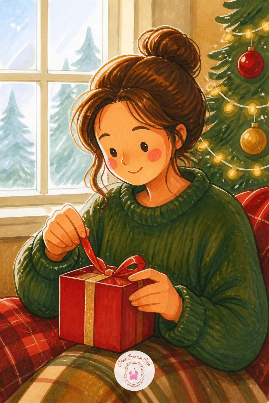 Opening Gifts By The Window Light — Shift the gift-opening energy to the afternoon now, with one person sitting by a window unwrapping a smaller, quieter gift