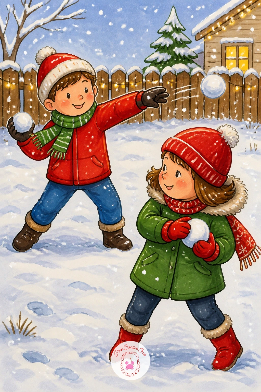 The First Snowball Fight In The Yard — Step back outside for a burst of action: siblings mid-snowball fight in the yard, one throw already in the air.