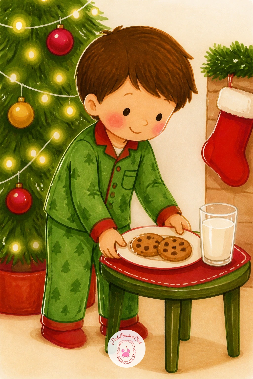 Setting Out Cookies And Milk The Night Before — Drift back a little in time with a small bedtime ritual scene: a child in pajamas placing a plate of cookies