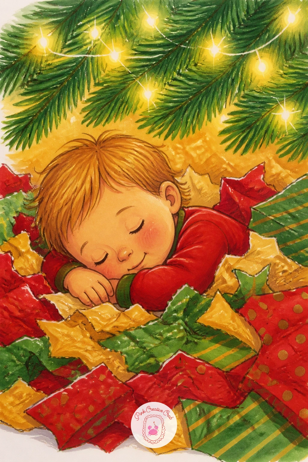 Toddler Asleep Under The Tree — Bring the energy right down again with a toddler who has worn themselves out completely, asleep in a little heap of wrapping