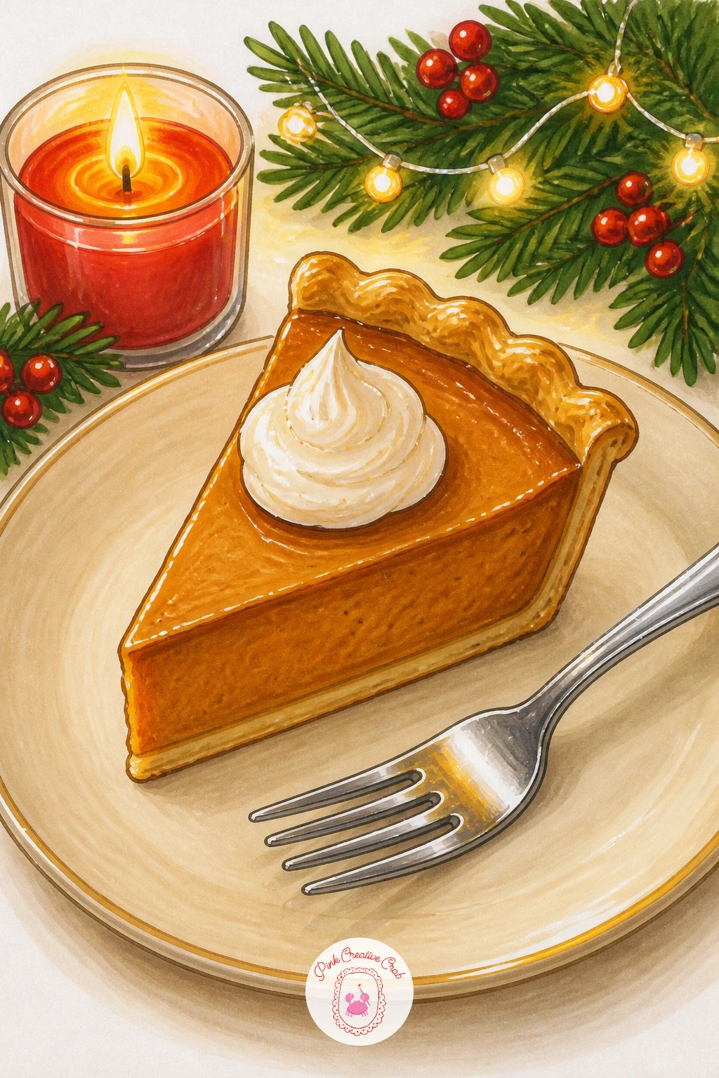 Leftover Pie Slice Still Life — Give yourself a calmer, object-only break with one slice of pie left on a plate, fork resting beside it, a candle still glowing