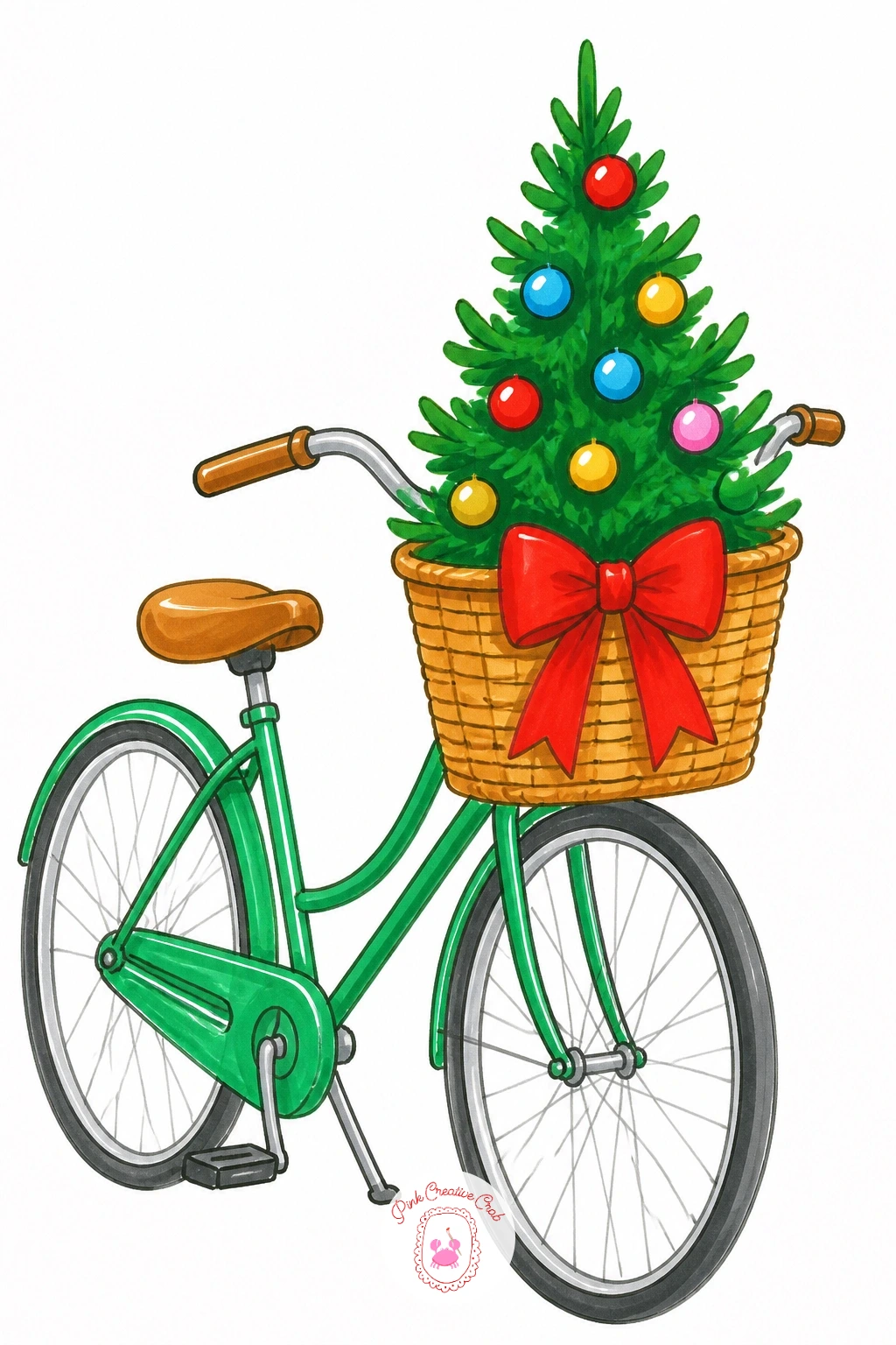 Tree On A Bike Basket — Carry the porch idea onto wheels with a little tree riding home in a bike basket. Christmas tree drawing easy
