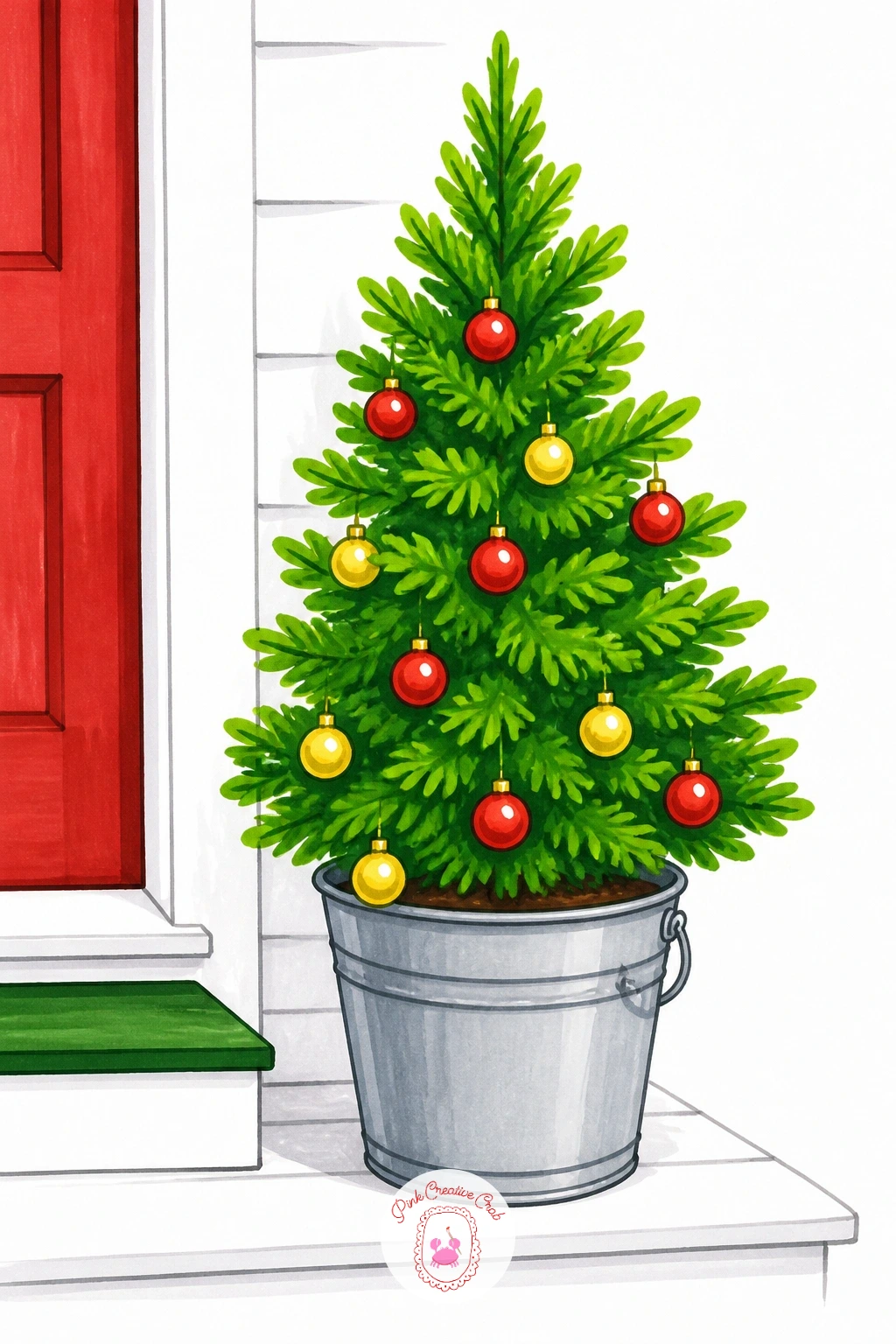Tree In A Porch Bucket — Start with the easiest scene in the whole list: a small christmas tree drawing easy enough for a first try, standing in a galvanized