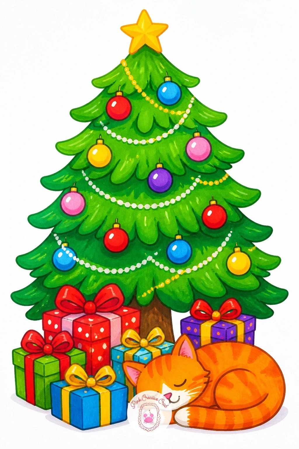 Tree And A Sleeping Cat — Bring some personality in with a tree surrounded by wrapped presents and a cat curled up fast asleep underneath it. Christmas tree